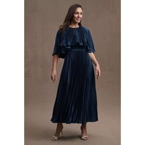 Mac Duggal 49638 Dark Blue Pleated Caplet Tea Length Dress $498